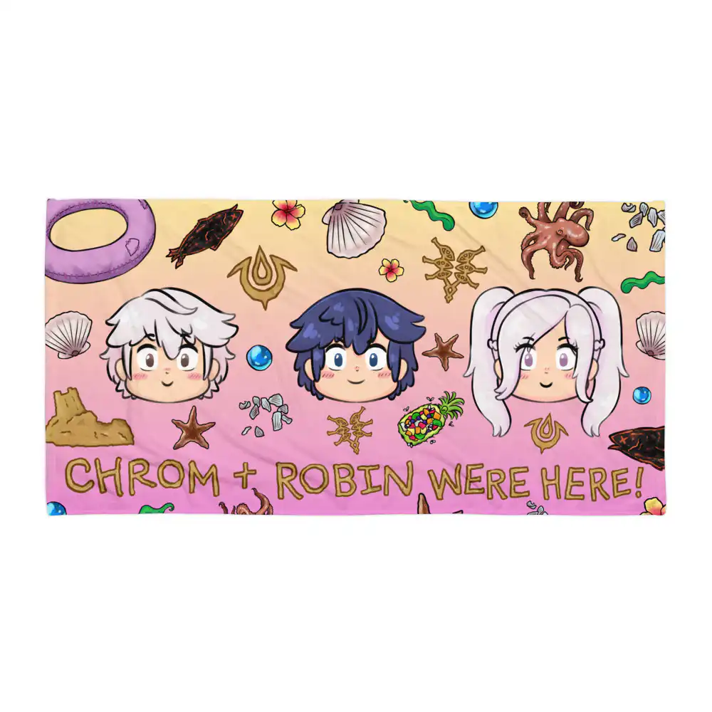 Summer Scramble (Sunset) - Beach Towel Folded Fire Emblem Towel displaying the full Summer Scramble artwork with Chrom, Robin, and beach-themed icons on a pink sunset background.