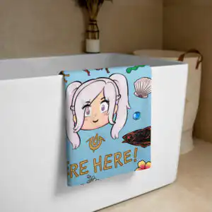 Summer Scramble (Ocean) - Beach Towel Fire Emblem Towel draped over a bathtub, highlighting the Summer Scramble (Ocean) design focused on Robin (F) and sea motifs in a bright ocean tone.
