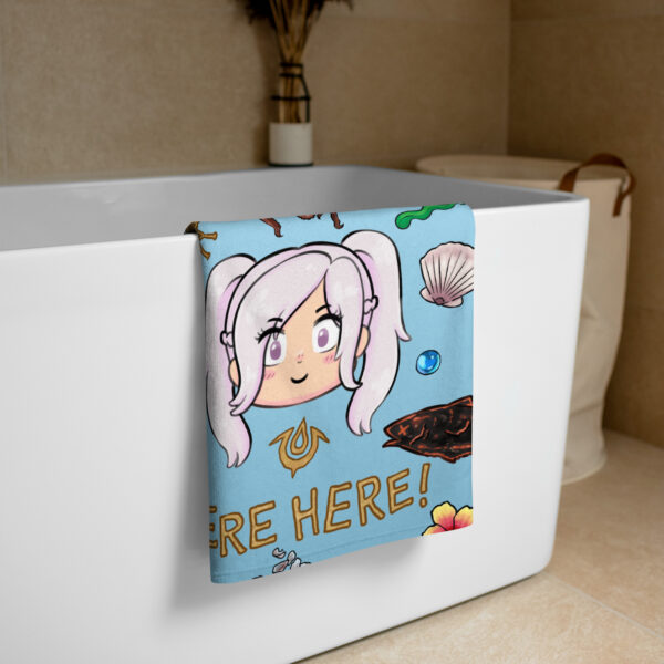 Fire Emblem Towel draped over a bathtub, highlighting the Summer Scramble (Ocean) design focused on Robin (F) and sea motifs in a bright ocean tone.