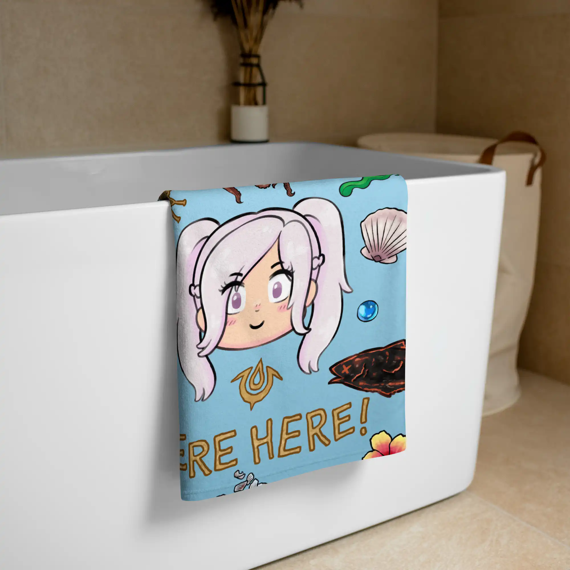 Summer Scramble (Ocean) - Beach Towel Fire Emblem Towel draped over a bathtub, highlighting the Summer Scramble (Ocean) design focused on Robin (F) and sea motifs in a bright ocean tone.