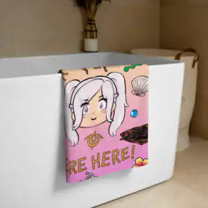 Summer Scramble (Sunset) - Beach Towel Fire Emblem Towel draped over a white bathtub, showcasing the Summer Scramble design with Robin’s character portrait and seaside elements in a sunset-inspired palette.