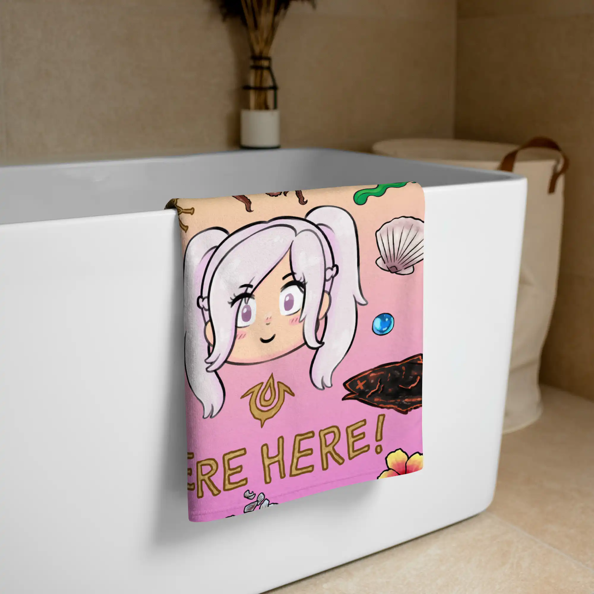 Summer Scramble (Sunset) - Beach Towel Fire Emblem Towel draped over a white bathtub, showcasing the Summer Scramble design with Robin’s character portrait and seaside elements in a sunset-inspired palette.