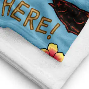 Summer Scramble (Ocean) - Beach Towel Close-up of the Fire Emblem Towel fabric, capturing the bold “HERE!” lettering and colorful beach details from the Summer Scramble (Ocean) design.