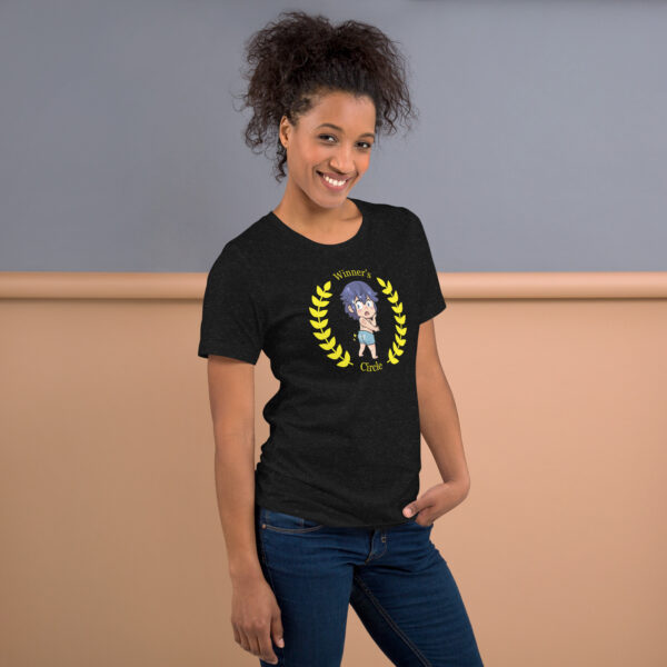 Chibi Chrom Fire Emblem shirt with ‘Winner’s Circle’ design, printed on a black tee worn casually.