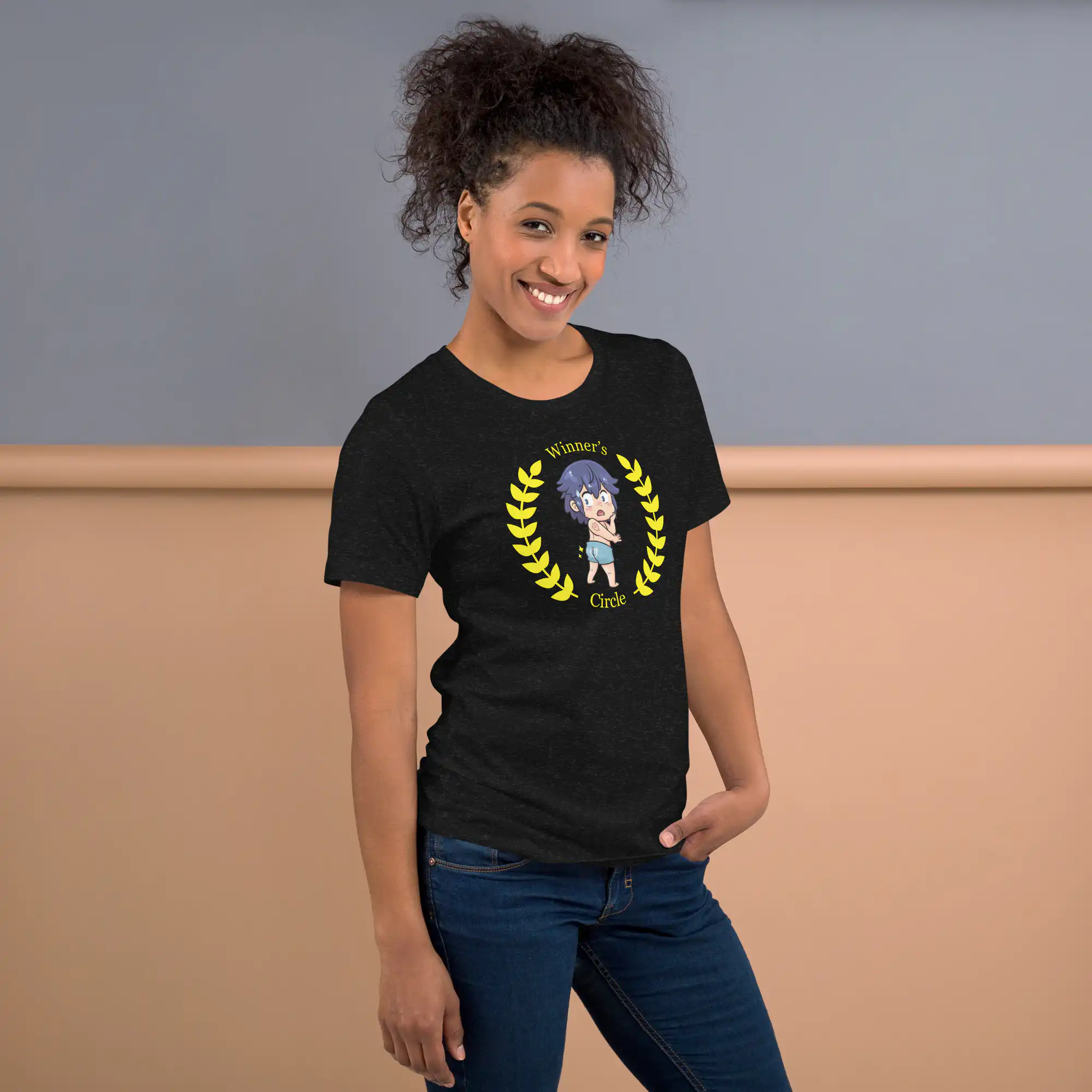 Chrom's Winner's Circle - Unisex Tee Chibi Chrom Fire Emblem shirt with ‘Winner’s Circle’ design, printed on a black tee worn casually.