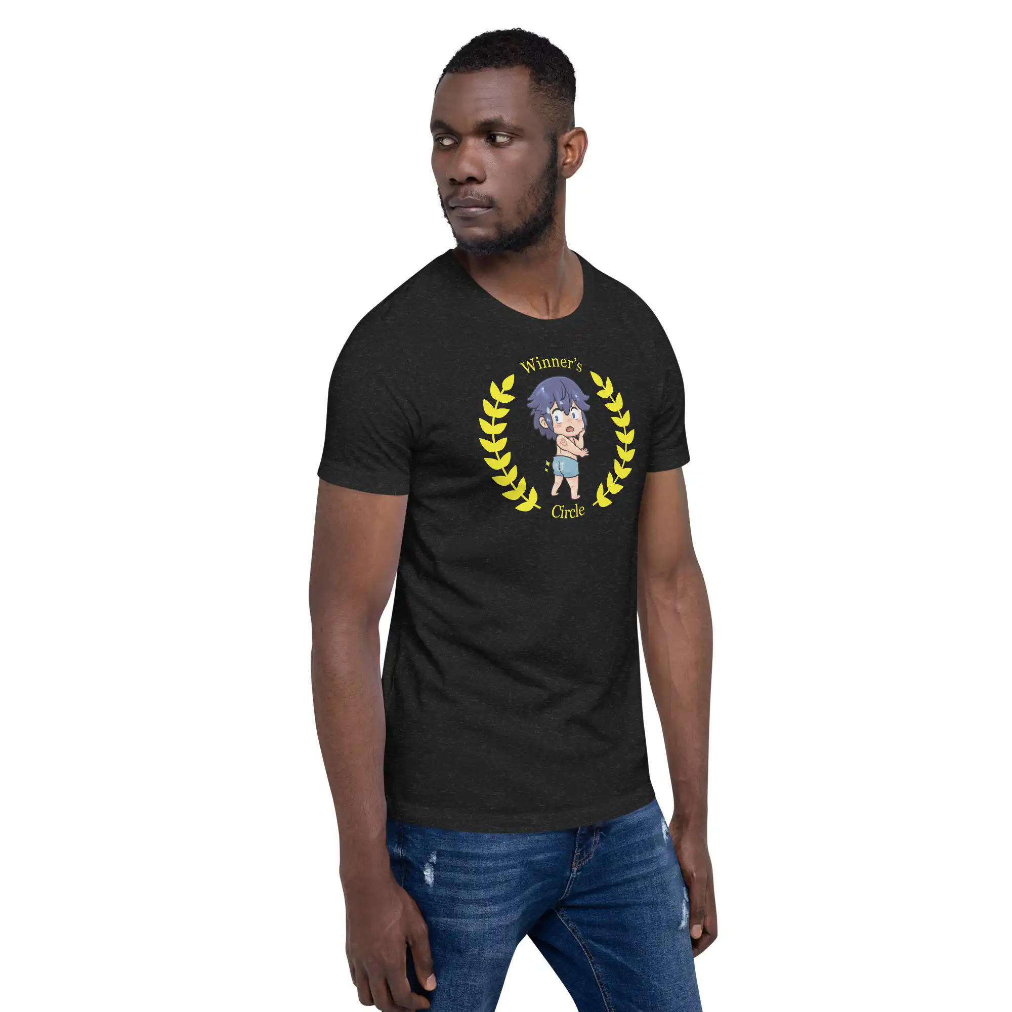 Chrom's Winner's Circle - Unisex Tee Fire Emblem shirt with Chrom’s swimsuit meme and laurel wreath, printed on a black tee.