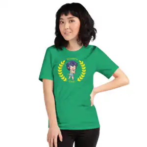 Chrom's Winner's Circle - Unisex Tee Fire Emblem shirt featuring embarrassed Chrom in swim trunks, printed on a green unisex t-shirt.
