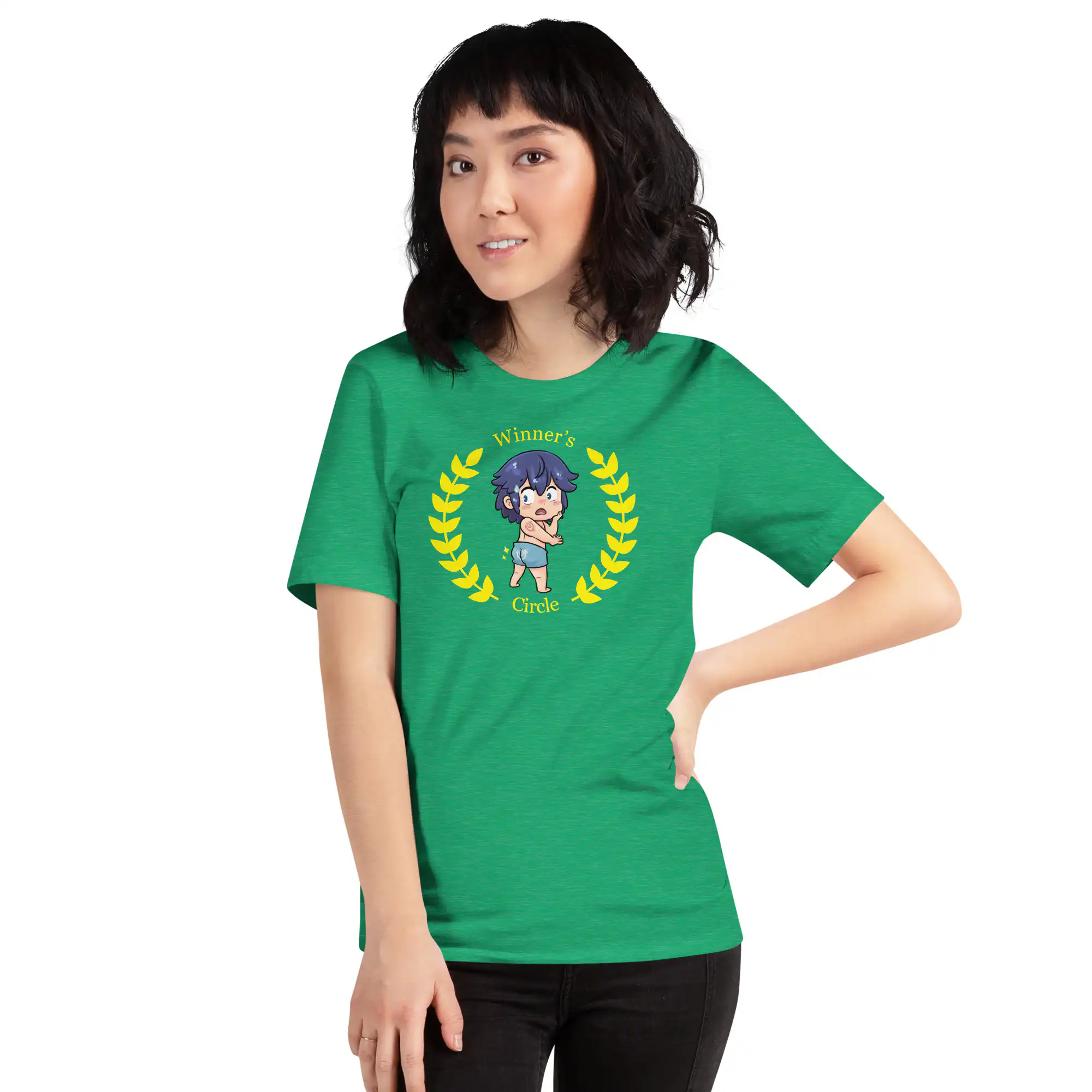 Chrom's Winner's Circle - Unisex Tee Fire Emblem shirt featuring embarrassed Chrom in swim trunks, printed on a green unisex t-shirt.