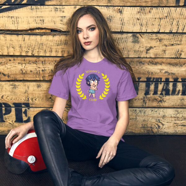 Chibi Chrom Fire Emblem shirt with winner’s circle design, styled on a purple tee for casual wear.