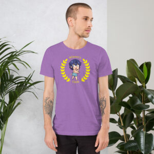 Fire Emblem shirt with Chrom’s swimsuit meme design on a soft purple tee, worn by a tattooed model.