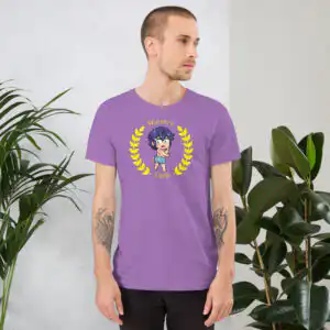 Chrom's Winner's Circle - Unisex Tee Fire Emblem shirt with Chrom’s swimsuit meme design on a soft purple tee, worn by a tattooed model.