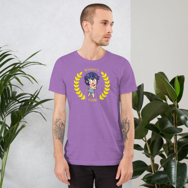 Fire Emblem shirt with Chrom’s swimsuit meme design on a soft purple tee, worn by a tattooed model.
