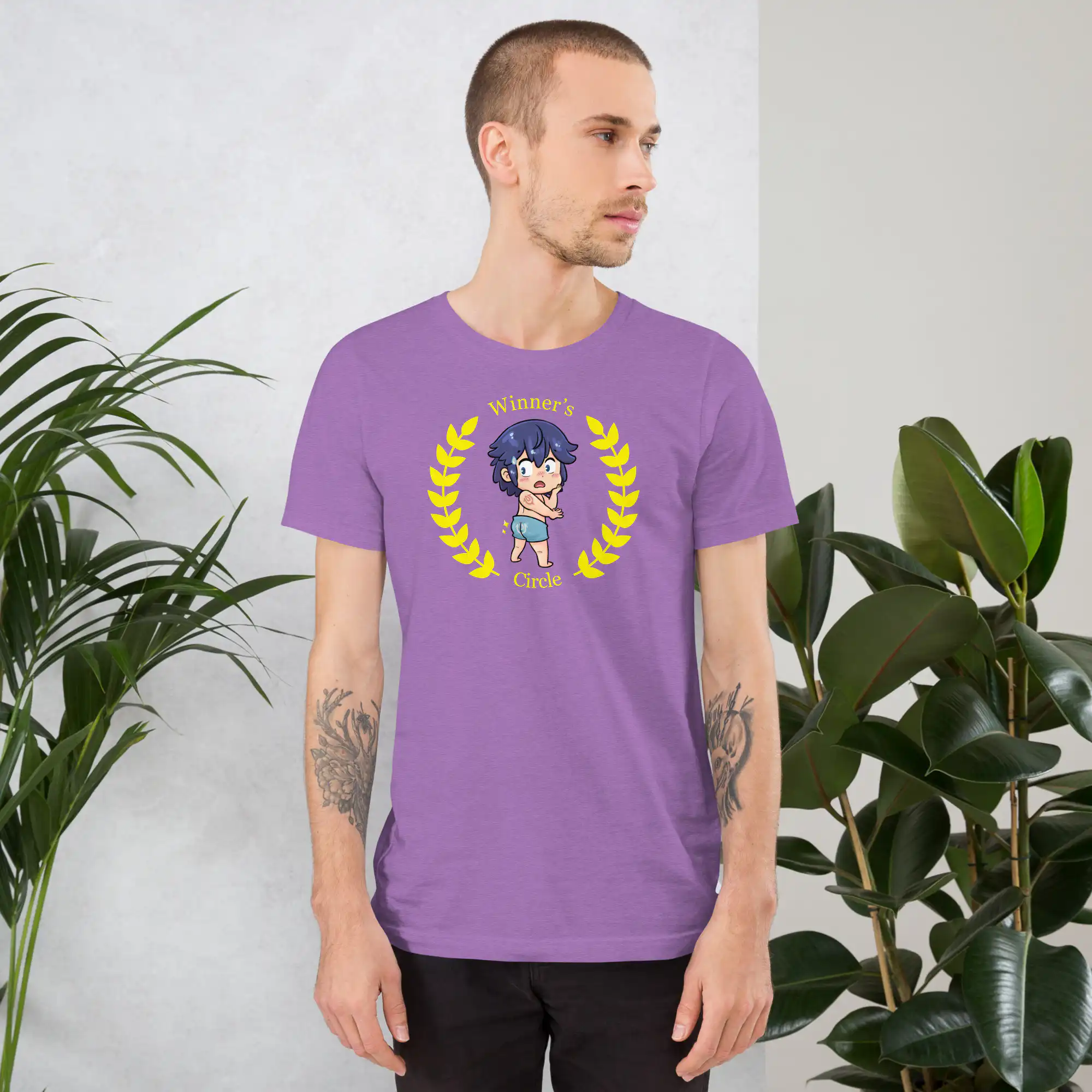 Chrom's Winner's Circle - Unisex Tee Fire Emblem shirt with Chrom’s swimsuit meme design on a soft purple tee, worn by a tattooed model.