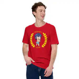 Chrom's Winner's Circle - Unisex Tee Fire Emblem shirt with Chrom’s winner’s circle design, printed on a red tee worn by a smiling male model.
