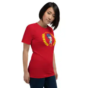 Chrom's Winner's Circle - Unisex Tee Funny Fire Emblem shirt featuring chibi Chrom and yellow laurels, printed on a red fitted tee.