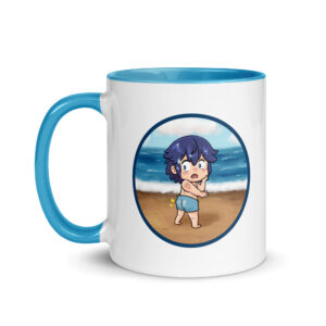 11 oz Fire Emblem Mug – front view featuring Chrom’s swimsuit meme artwork, beach scene, and blue trim.