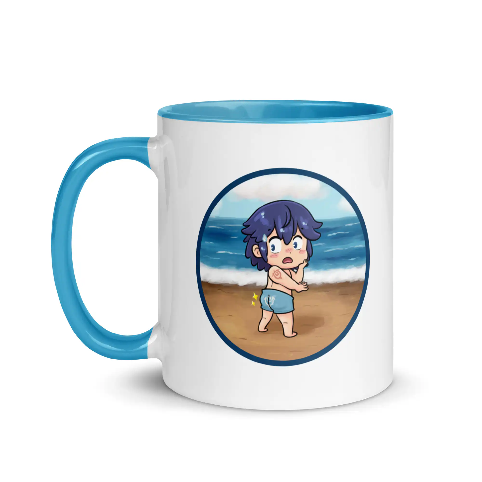 Chromtone - Mug 11 oz Fire Emblem Mug – front view featuring Chrom’s swimsuit meme artwork, beach scene, and blue trim.