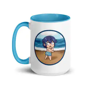 15 oz Fire Emblem Mug – front view showing Chrom in his swimsuit meme design with beach background, blue handle and interior.