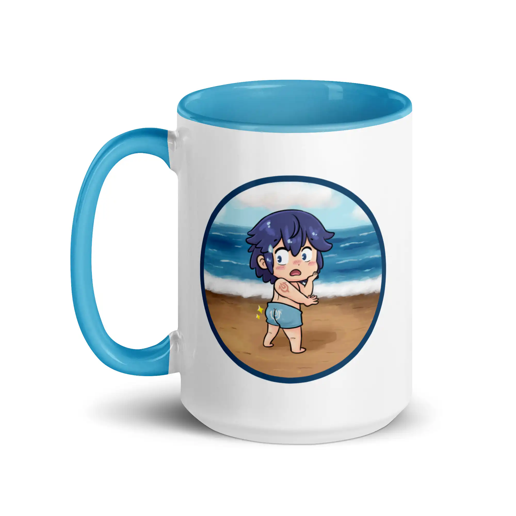 Chromtone - Mug 15 oz Fire Emblem Mug – front view showing Chrom in his swimsuit meme design with beach background, blue handle and interior.