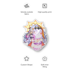 Vali’s Baldur Plushie – custom-shaped Fire Emblem Plushie featuring chibi Vali perched on a large plushie of Baldur, with product highlights: velvety outside fabric, high-quality print, soft inner filling, and custom shape.