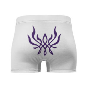 Full rear image of Fire Emblem Boxer Briefs Emblem Undies with purple Crest of Flames on white fabric