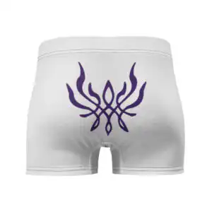 Full rear image of Fire Emblem Boxer Briefs Emblem Undies with purple Crest of Flames on white fabric