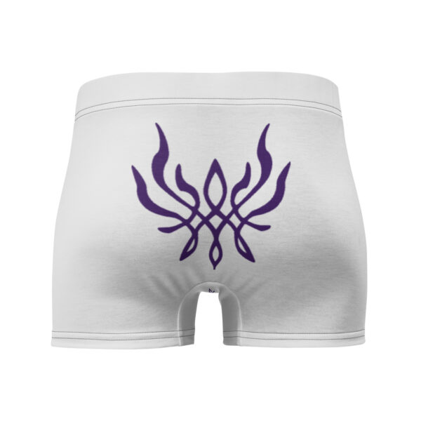 Full rear image of Fire Emblem Boxer Briefs Emblem Undies with purple Crest of Flames on white fabric