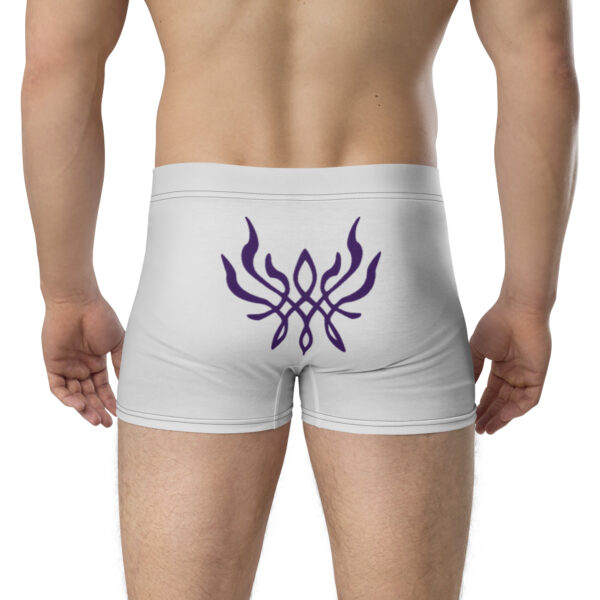 Straight rear view of white Emblem Undies with centered Crest of Flames on Fire Emblem Boxer Briefs