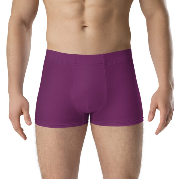 Front view of Grimleal Emblem Undies Fire Emblem Boxer Briefs in purple on male model