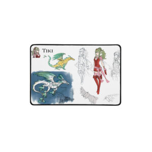 Full frontal product shot of Small Tiki Desk Mat - Concept Art highlighting both dragon and Tiki character poses.