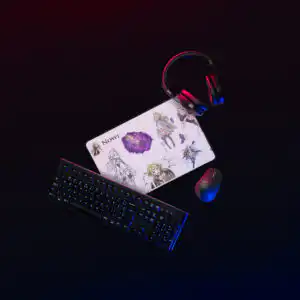 Dynamic lighting setup showing the Nowi desk mat in use with keyboard, mouse, and headset.