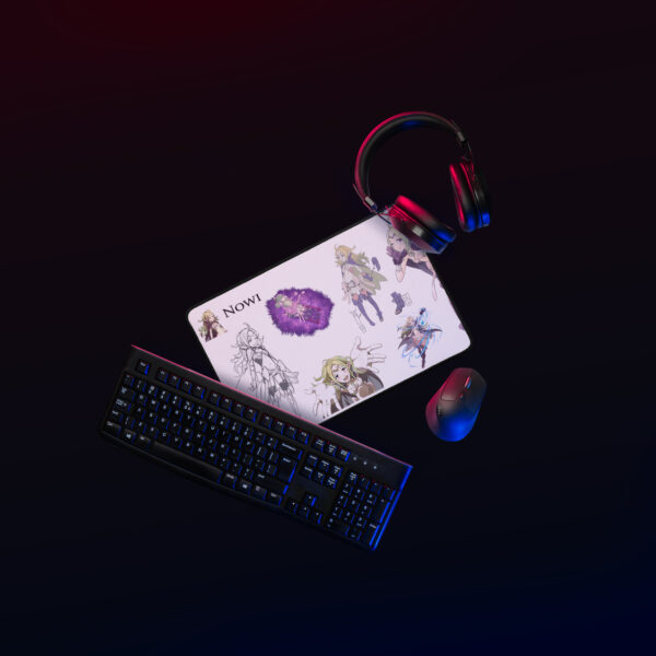Dynamic lighting setup showing the Nowi desk mat in use with keyboard, mouse, and headset.