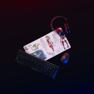 Medium Tiki Desk Mat - Concept Art styled in a gaming desk setup with dark lighting, keyboard, and headset.