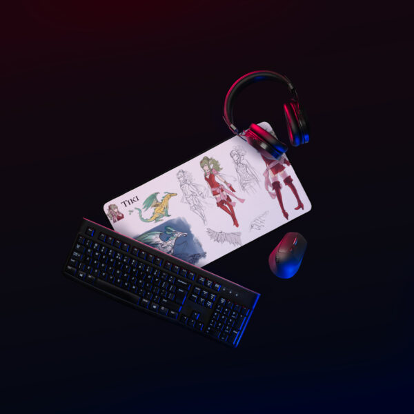 Medium Tiki Desk Mat - Concept Art styled in a gaming desk setup with dark lighting, keyboard, and headset.