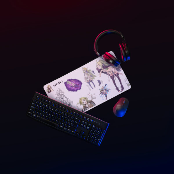Gaming desk setup with Nowi desk mat displayed under keyboard and mouse, highlighting Fire Emblem artwork.