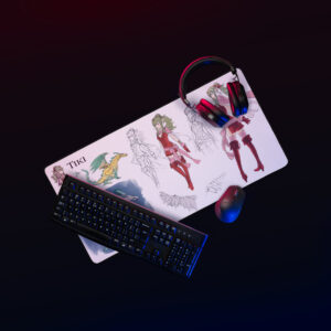 Large Tiki Desk Mat - Concept Art featuring Awakening designs displayed under a gaming keyboard and mouse in a moody lighting setup.