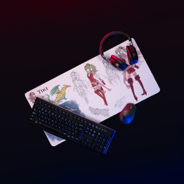 Large Tiki Desk Mat - Concept Art featuring Awakening designs displayed under a gaming keyboard and mouse in a moody lighting setup.