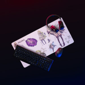 Nowi desk mat on a gaming desk with headset and keyboard, featuring vibrant Fire Emblem concept art.