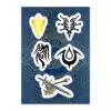 Close-up of Fire Emblem Sticker sheet with five detailed emblems and swords on a blue patterned background.