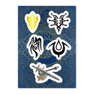 Close-up of Fire Emblem Sticker sheet with five detailed emblems and swords on a blue patterned background.