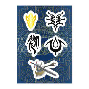 Close-up of Fire Emblem Sticker sheet with five detailed emblems and swords on a blue patterned background.