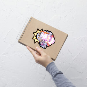 Large Fire Emblem Sticker of Vali and Baldur applied to a notebook, showing vibrant detail.