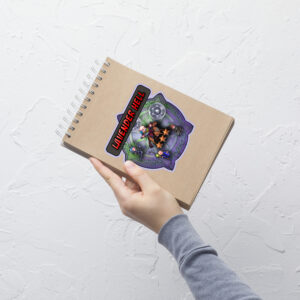 Notebook being tilted to show the vibrant, large Lavender Hell Fire Emblem Sticker design.