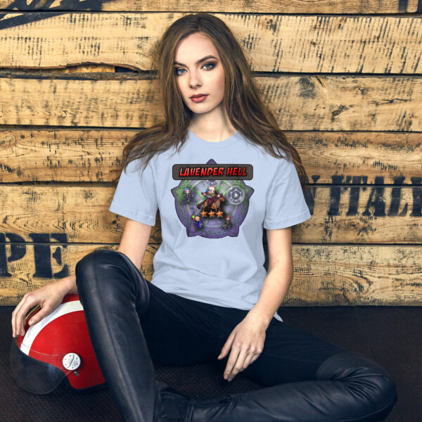 Woman sitting cross-legged in blue “Lavender Hell - Fire Emblem Shirt”