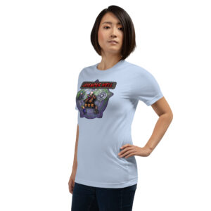 Woman standing in blue “Lavender Hell - Fire Emblem Shirt” with hand on hip