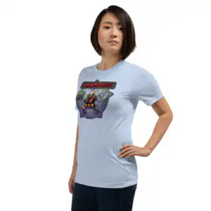 Woman standing in blue “Lavender Hell - Fire Emblem Shirt” with hand on hip