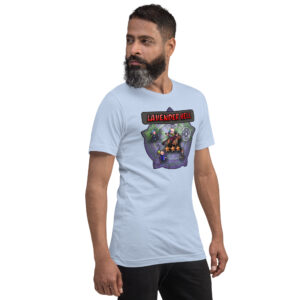 Man in blue “Lavender Hell - Fire Emblem Shirt” standing with hands at sides
