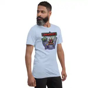 Man in blue “Lavender Hell - Fire Emblem Shirt” standing with hands at sides