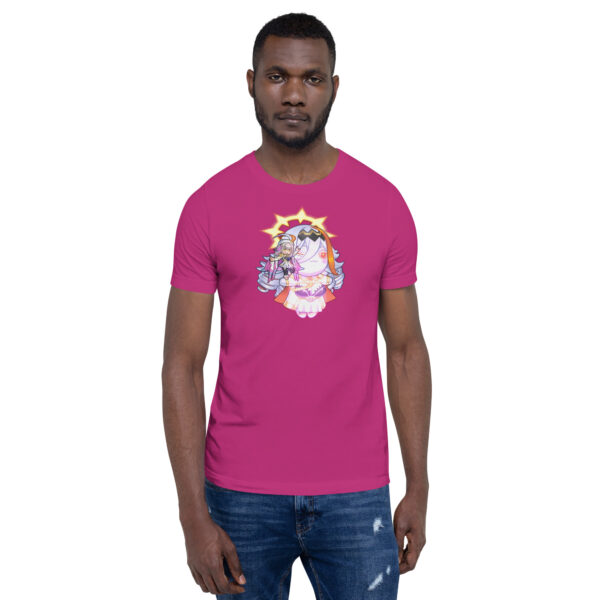 Berry tee, male model – Male model in berry Vali’s Baldr Plushie – Fire Emblem Shirt, arms relaxed at sides.