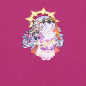 Design close-up – Close-up of the plush-style Valis Baldur design with L!Alear on a bright berry background.
